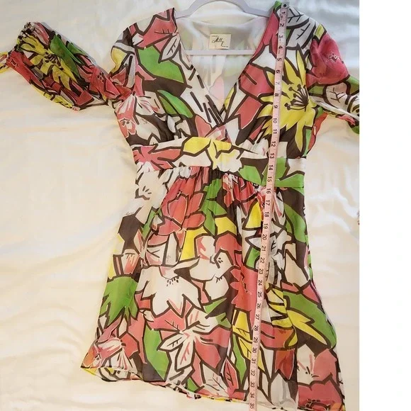 Milly Floral Print Dress Sheer Long Sleeve V Neck Multicolor Size S - Picture 8 of 9